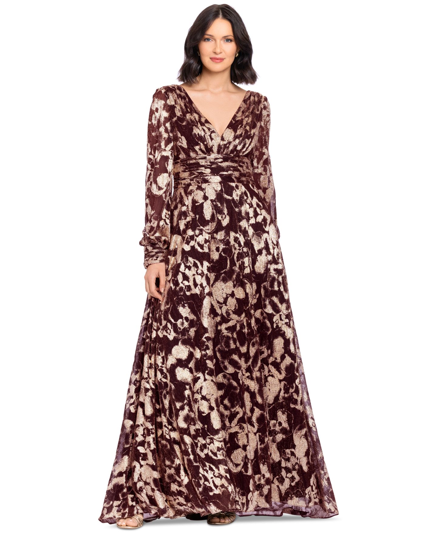 Женские платья Betsy & Adam Petite V-Neck Long-Sleeve A-Line Gown, цвет: Винный золотой — фото 2