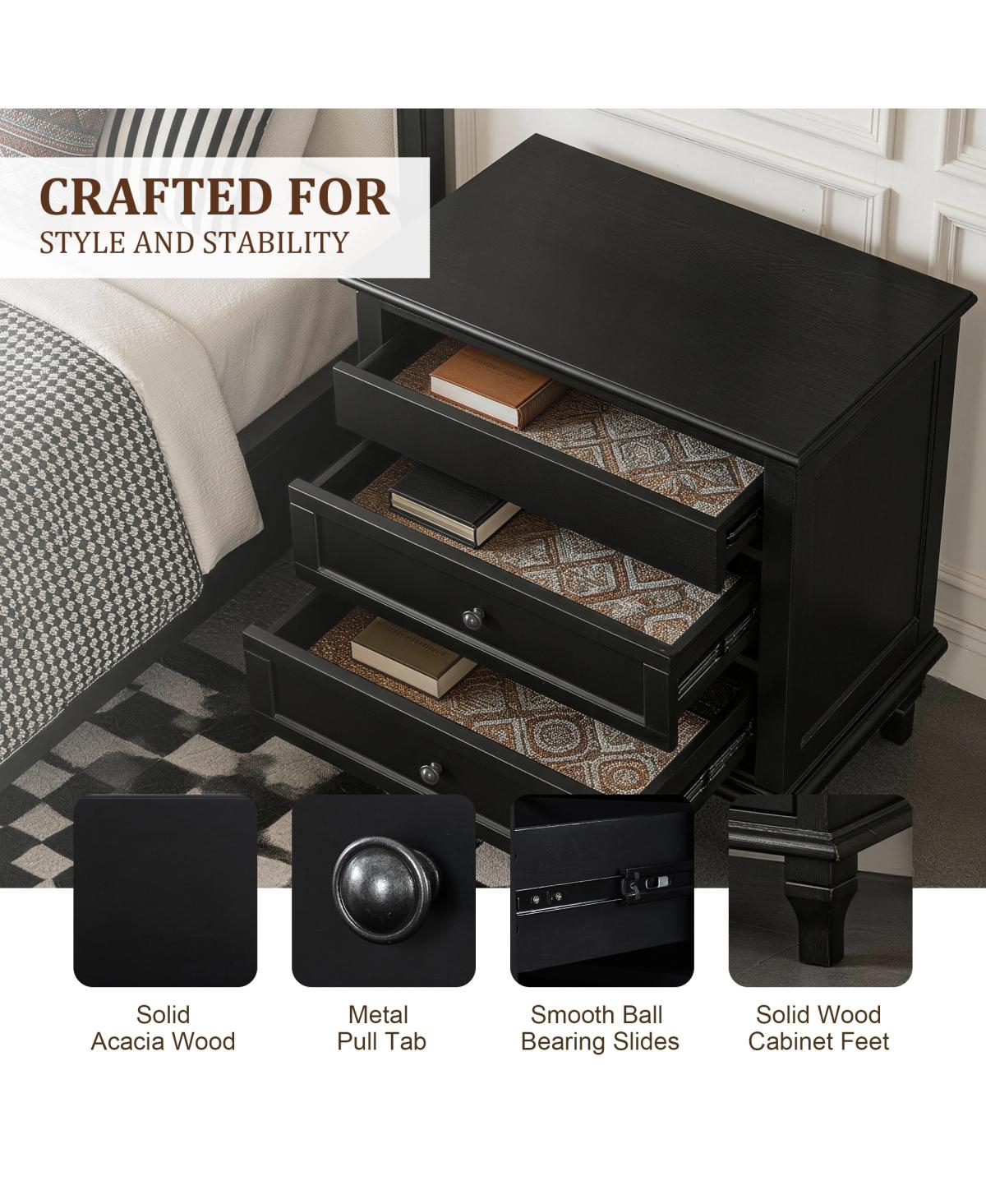 Streamdale Furniture 28" Farmhouse 3-Drawer Nightstand with Charging Station and Usb Ports