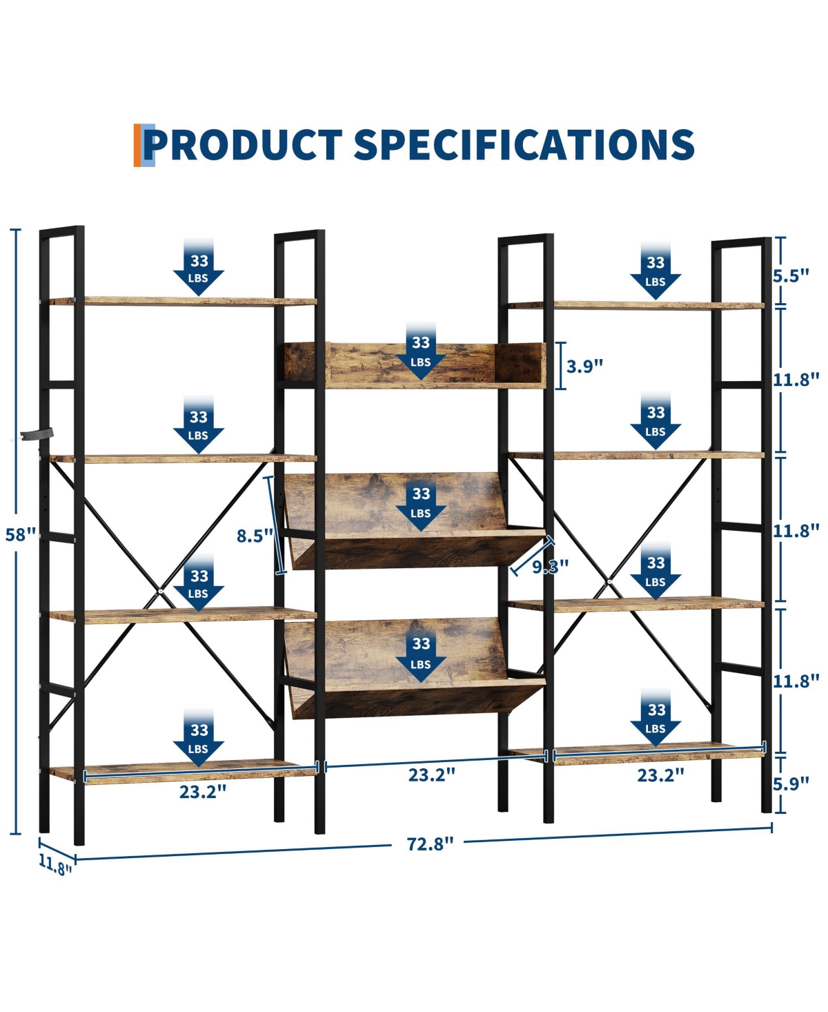 homfan Triple-Wide Adjustable Bookshelf, Industrial Steel Frame 11-Shelf Storage Rack, Anti-Tip Multi-Functional Room Divider Display Shelf