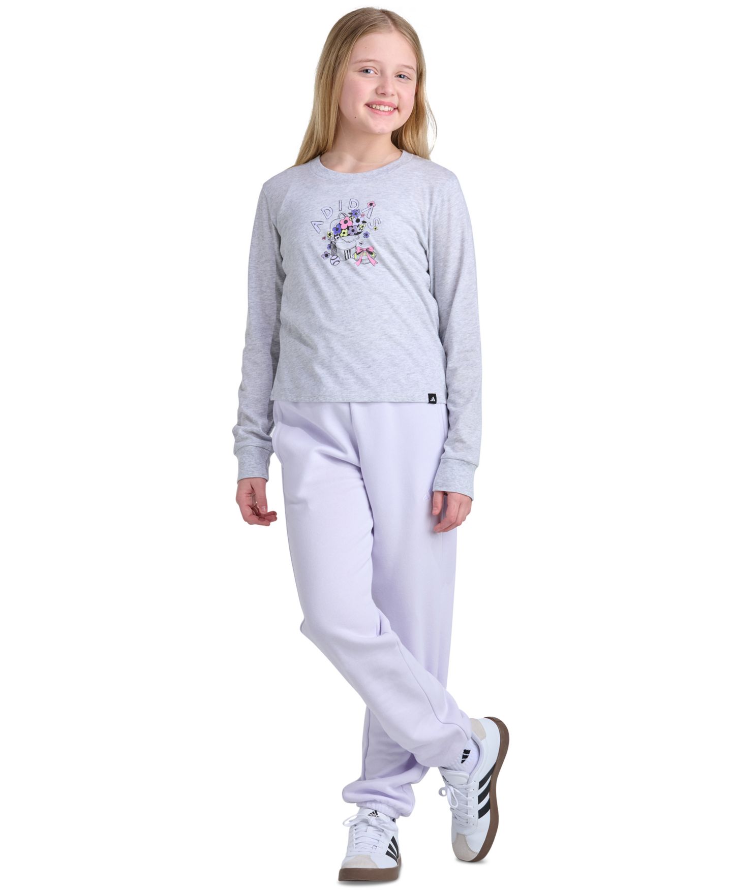 Футболка adidas Long-Sleeve T-Shirt для девочек, цвет: Светлый серый меланжевый — фото 2