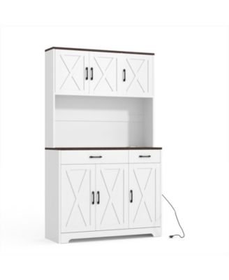 71-Inch Tall Pantry Cabinet with Built-In Charging Station, Microwave Stand and Drawers,Farmhouse Kitchen Hutch for Dining Room and Living Room