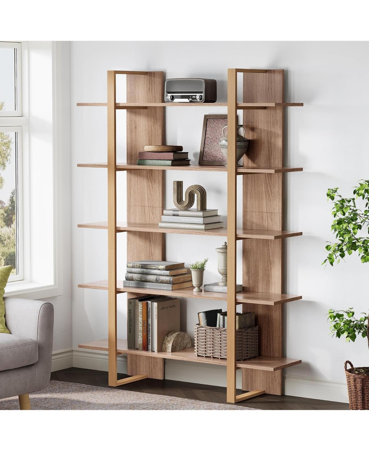 Tribesigns 5-Tier 47" Bookshelf: Boho Open Display Shelving Unit for Living Room, Office, Bedroom, Metal and Wood