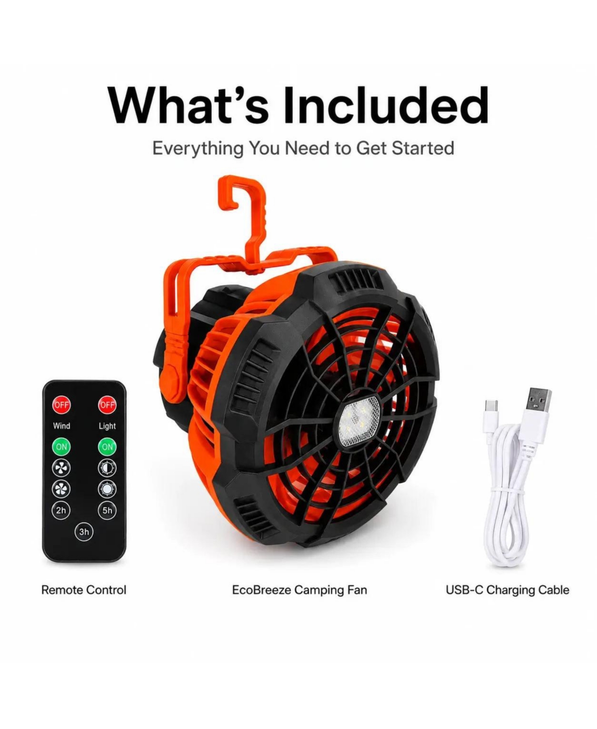Ayamaya EcoBreeze 3-in-1 Rechargeable Camping Fan with Led Lantern, Power Bank, Remote Control and Hanging Hook, Orange