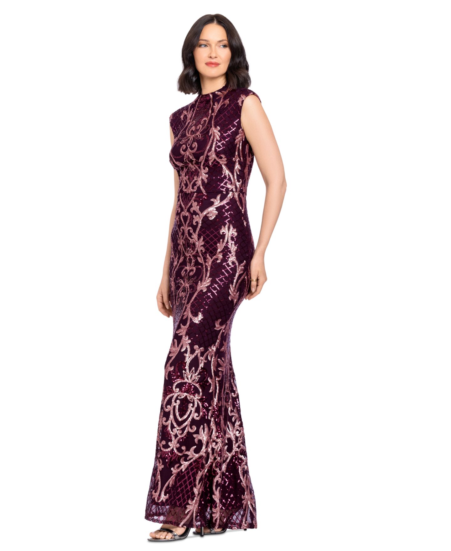 Женские платья B&A By Betsy and Adam Sequin Embroidery Gown, цвет: Винный розовый — фото 2