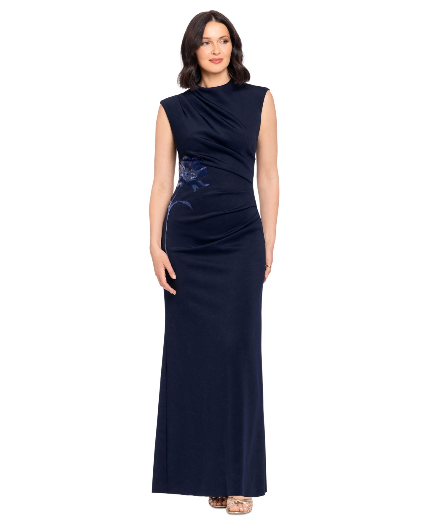 Женские платья Betsy & Adam Floral Mock-Neck Gown, цвет: Тёмно-синий — фото 1