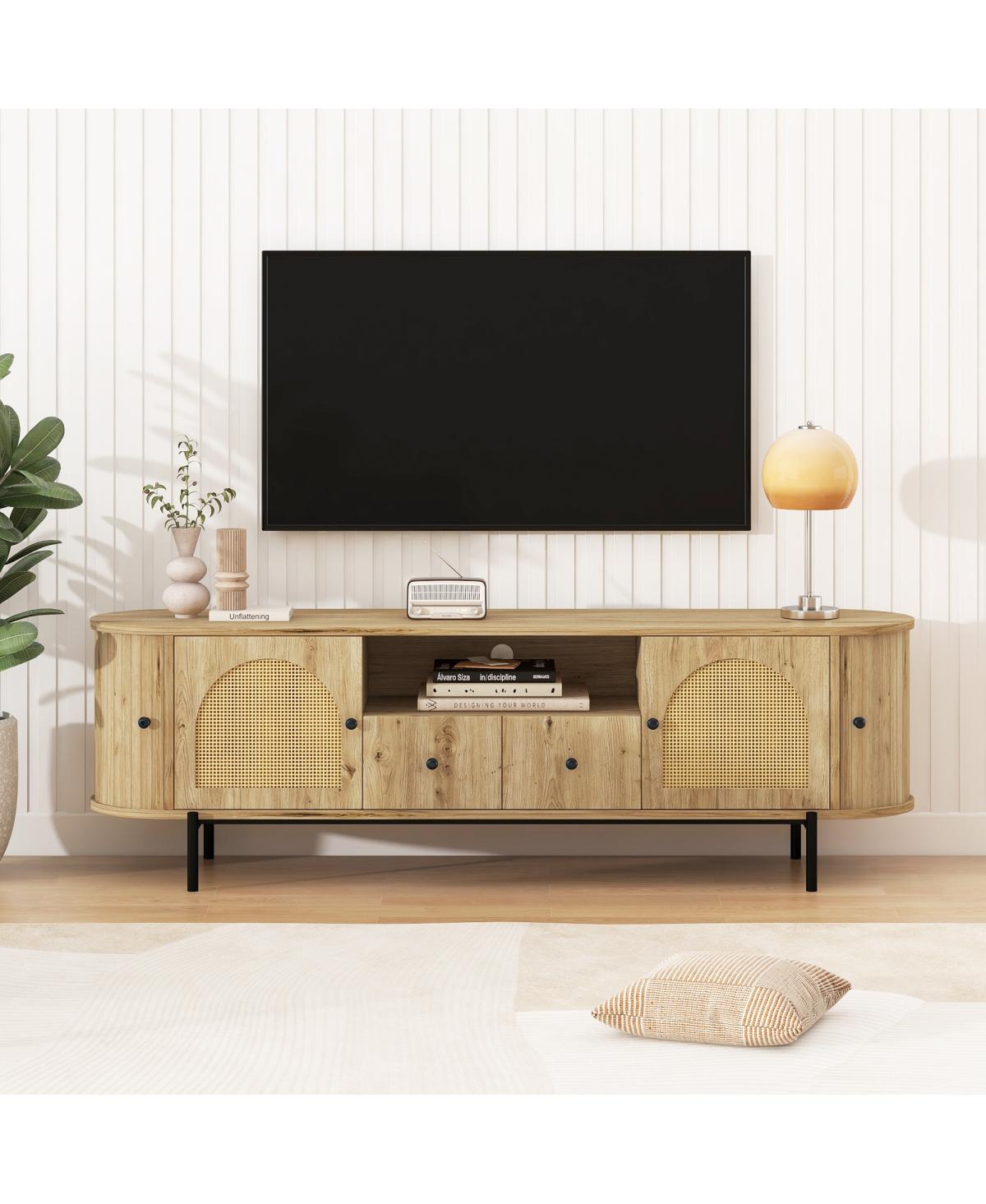 Streamdale Furniture American Style Rattan Tv Stand with Arched Doors and Steel Legs - Burly wood
