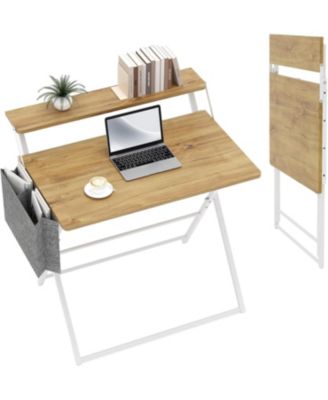 Folding Desk No Assembly, 2-Tier Compact Laptop Table with Shelf and Side Pocket