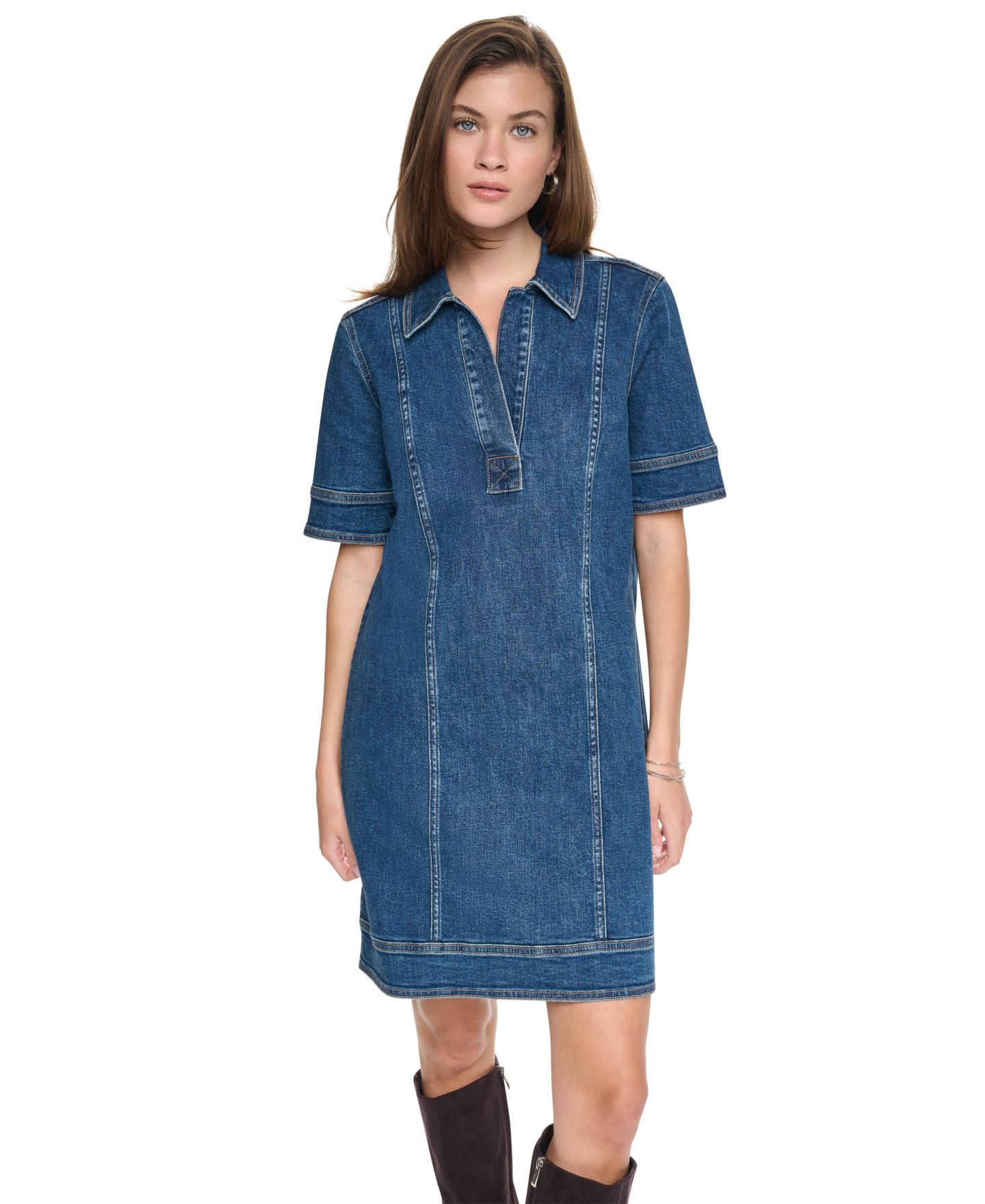 Женское платье DKNY Jeans Collared Trapeze Seamed Denim Dress, цвет: Белый — фото 2