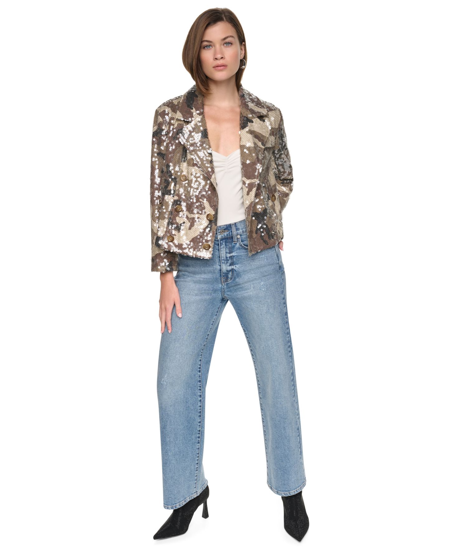 Женская куртка DKNY Jeans Sequin Double-Breasted Trench, цвет: Камуфляжный серо-коричневый комбинированный — фото 2