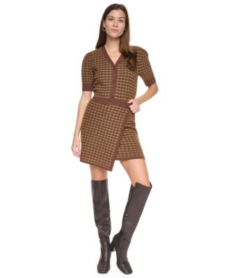 Women's Plaid Cropped Puff Short-Sleeve Cardigan and High-Waisted A-Line Plaid Mini Skirt