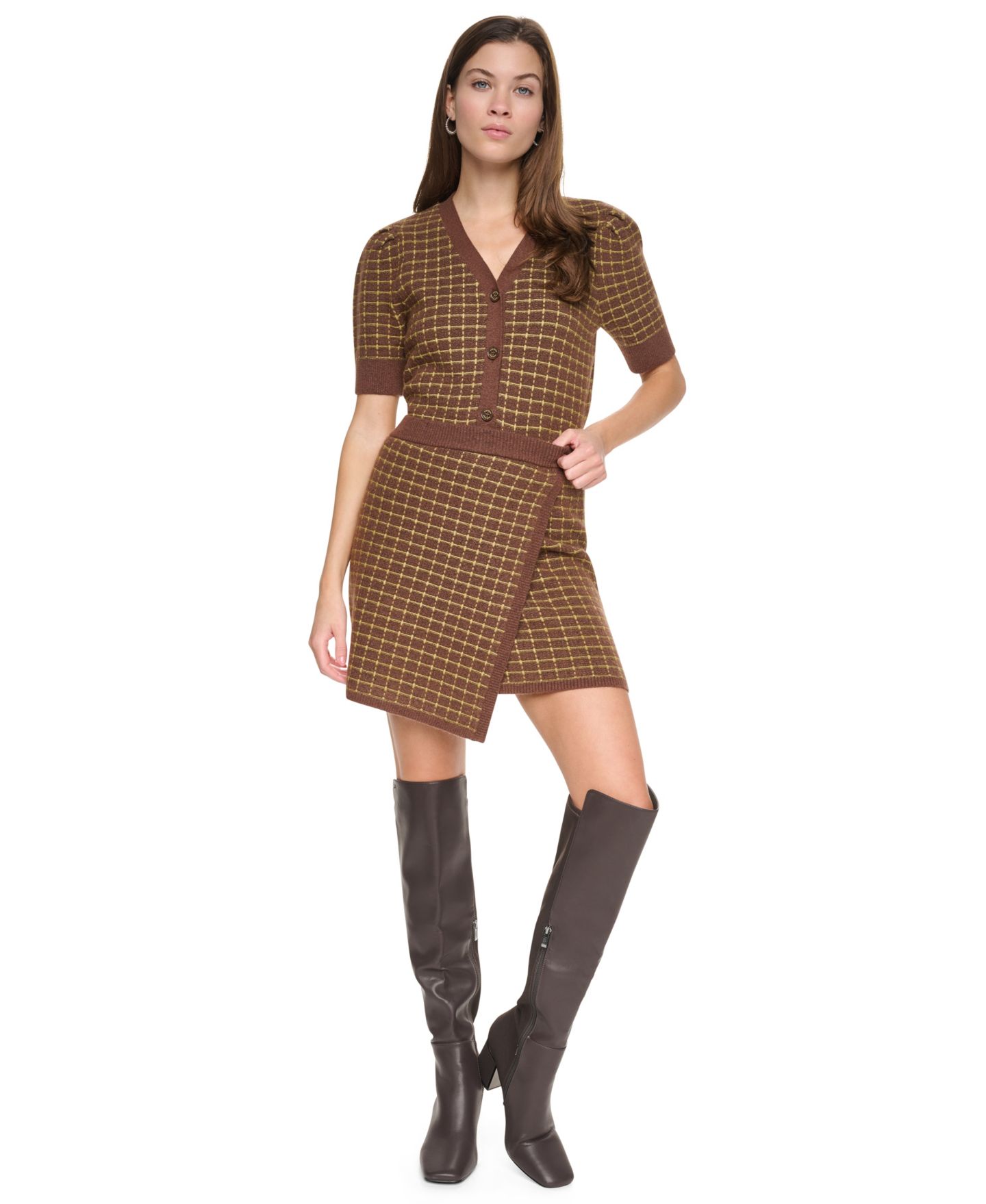 Женская юбка DKNY Jeans High-Waisted A-Line Plaid Mini, цвет: Каштановый — фото 2