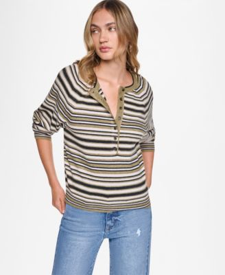 Women's Striped Long-Sleeve Henley Sweater