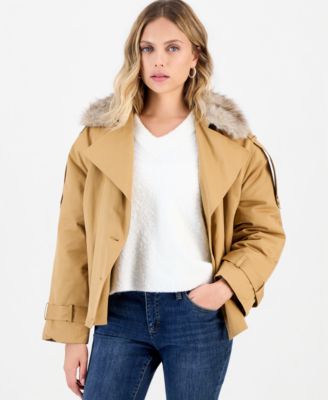 Petite Relaxed-Fit Double-Breasted Flight Jacket with Removable Faux-Fur Collar