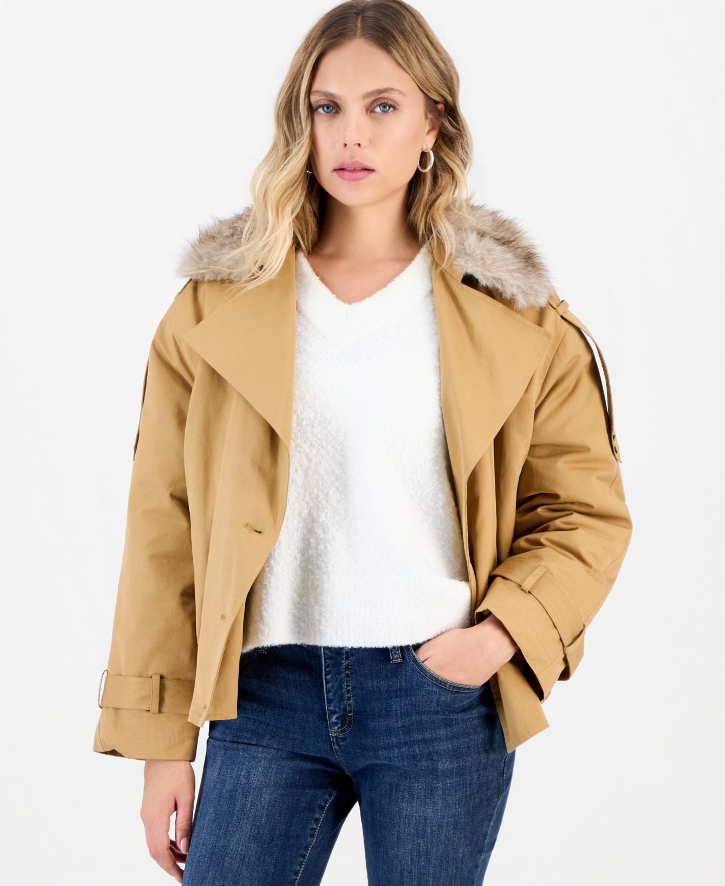 Женская куртка I.N.C. International Concepts Petite Relaxed-Fit Double-Breasted Flight Jacket with Removable Faux-Fur Collar, цвет: Тёплый карамельный — фото 1
