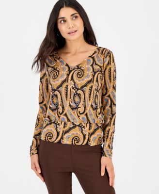 Petite Long-Sleeve V-Neck Paisley Blouse
