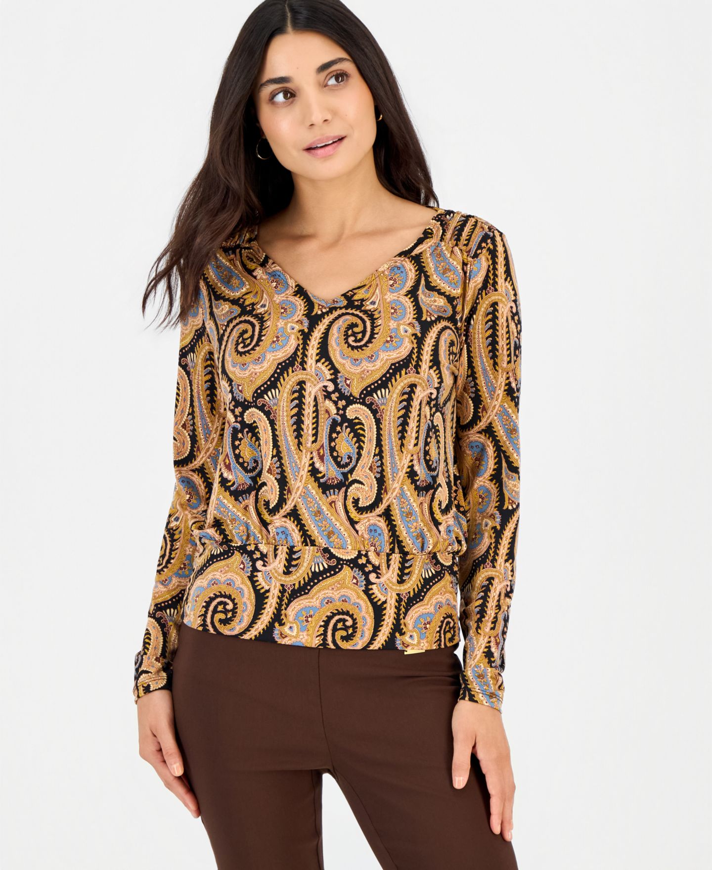 Женская блузка I.N.C. International Concepts Petite Long-Sleeve V-Neck Paisley Blouse, цвет: Helena Paisley — фото 1