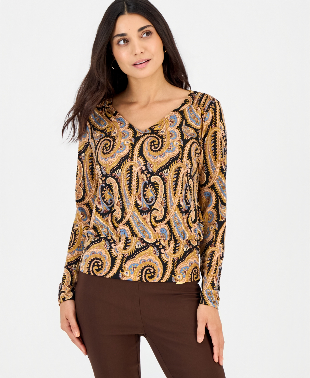 I.n.c. International Concepts Petite Long-Sleeve V-Neck Paisley Blouse, Macy's Exclusive