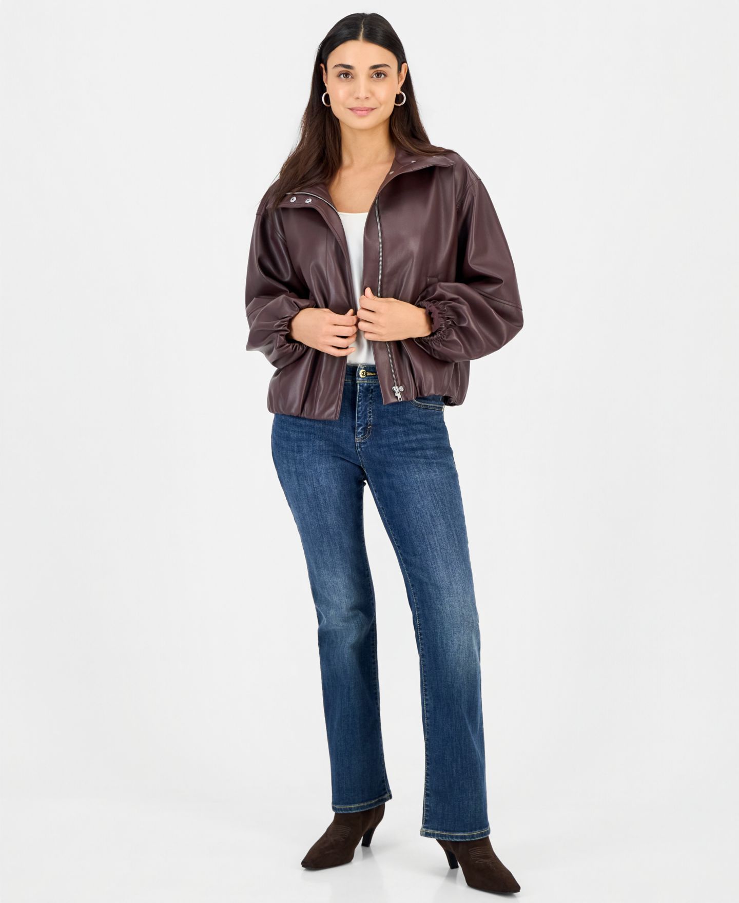 Женская куртка I.N.C. International Concepts Petite Faux Leather Funnel-Neck Bomber, цвет: Darkest Prune — фото 3