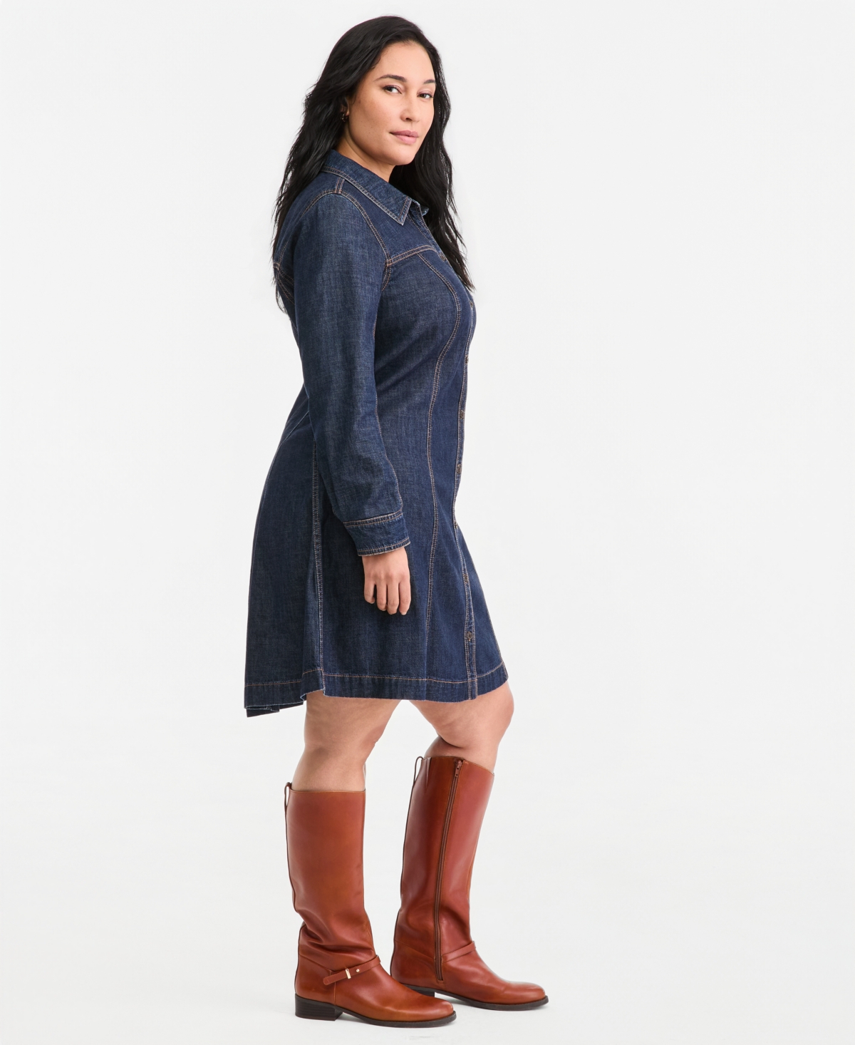 On 34th Plus Denim Mini Long-Sleeve Shirt Dress, Macy's Exclusive