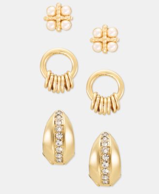 Pav&eacute; & Imitation Pearl Earrings, 3-Piece Set 