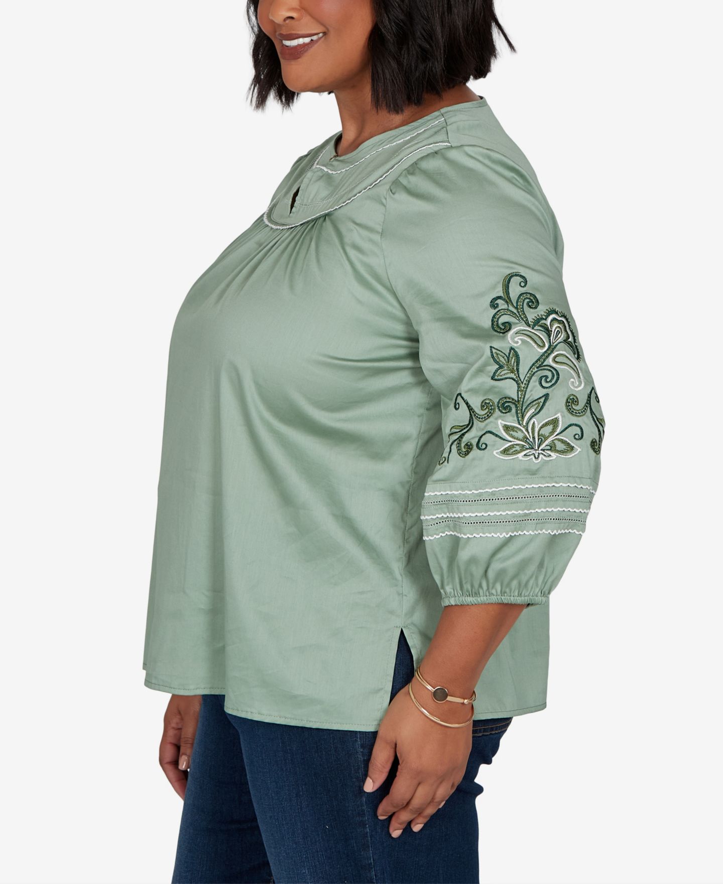 Женский топ Ruby Rd. Plus Size Embroidered Sleeve Voile, цвет: Jasper — фото 3