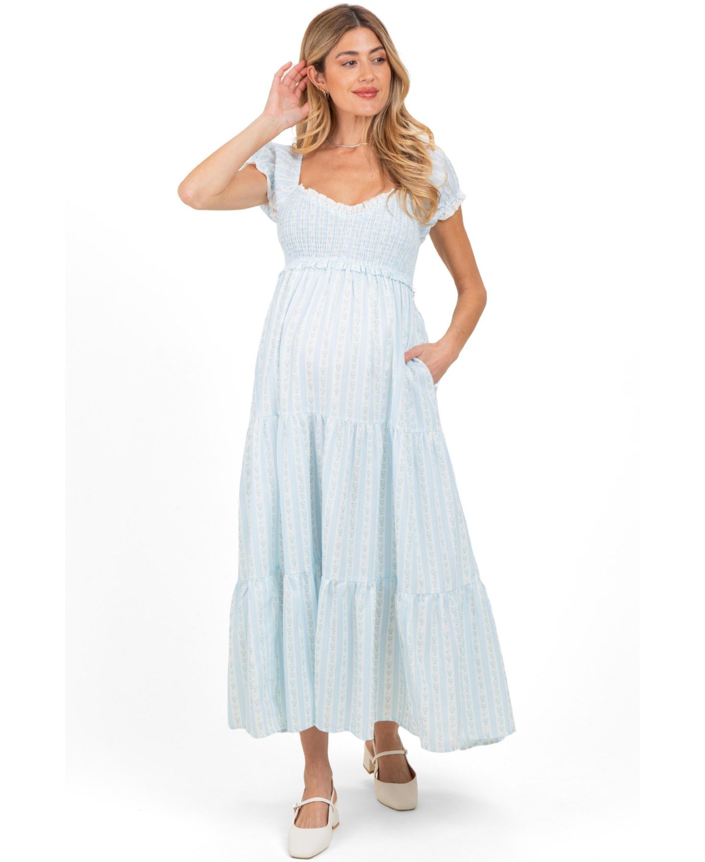 Женское платье Pinkblush Light Blue Floral Lace Trim Tiered Maxi, цвет: Светлый синий — фото 2