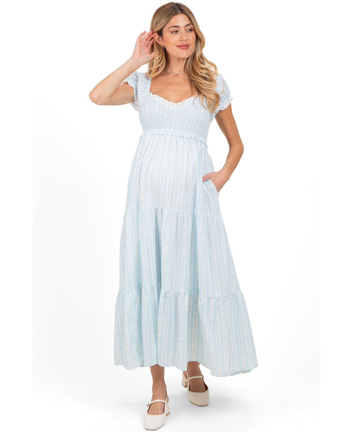 Pinkblush Women's Light Blue Floral Lace Trim Tiered Maxi Dress view 2 — MAYCSS fashion products
