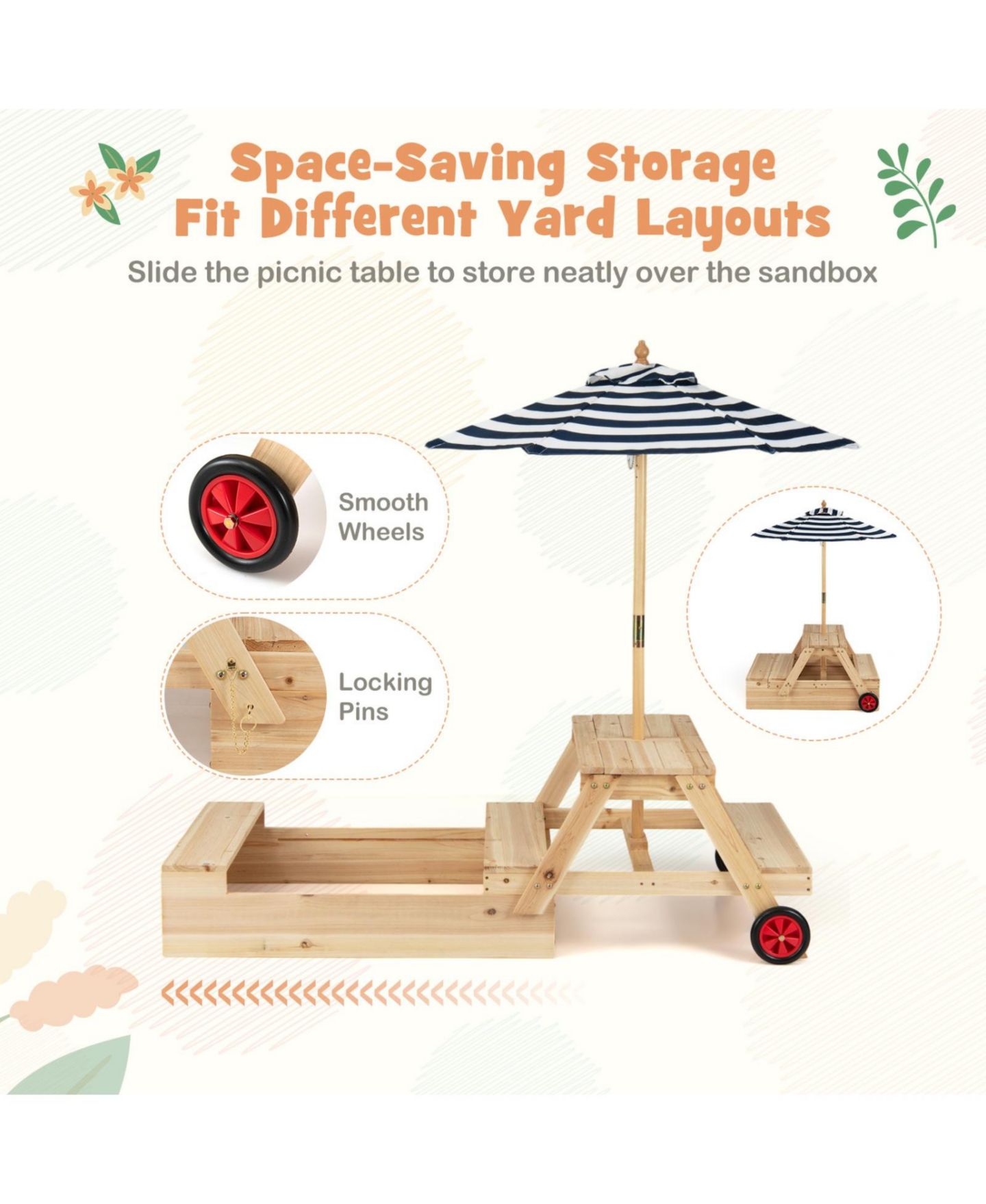 Детская игрушка SUGIFT 2 in 1 Convertible Sandbox Picnic Table, Fir Wood with Adjustable Umbrella, Accommodates 3 Children, Ages 3+ — фото 5