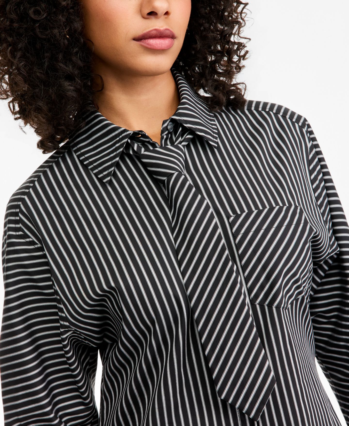 Женская рубашка Bar III Striped Tie-Neck Long-Sleeve Shirt, цвет: Чёрный комбинированный — фото 3