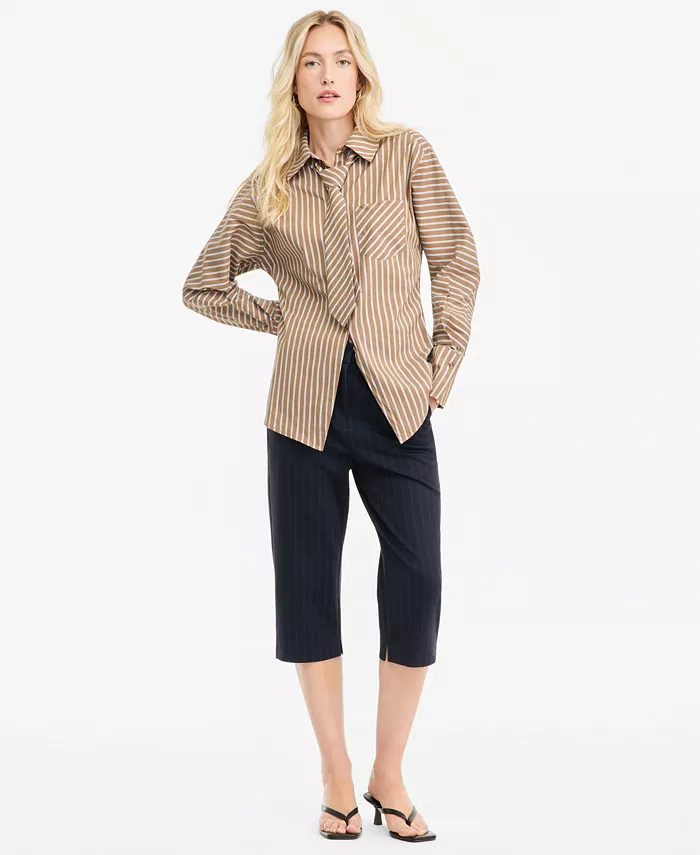 Women's Collared Striped Poplin Tie Shirt - thumbnail 3