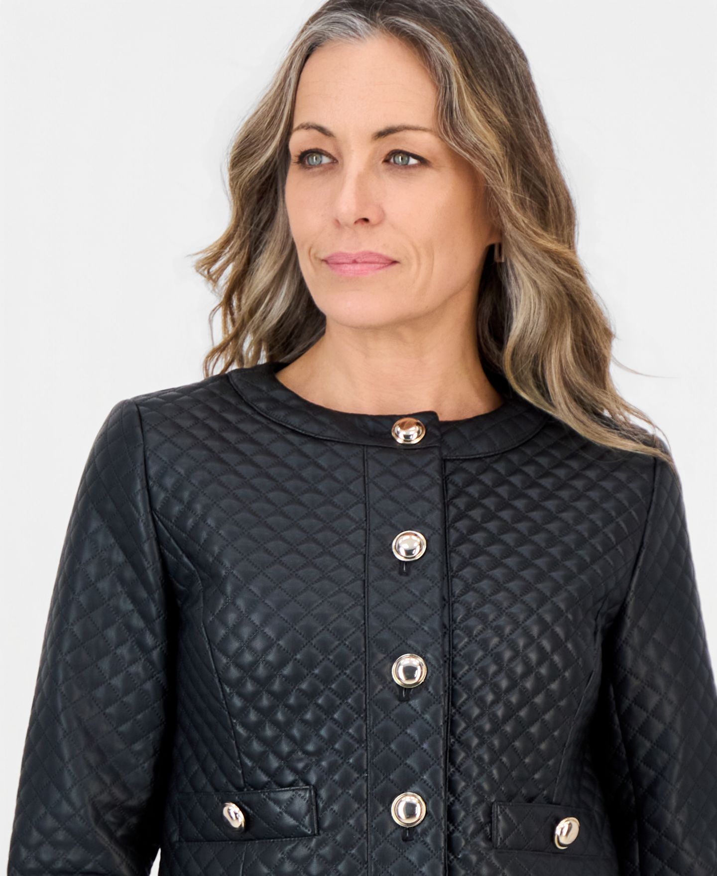 Женская куртка JM Collection Petite Quilted Faux-Leather Button-Front, цвет: Глубокий чёрный — фото 3