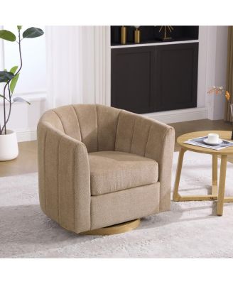  Upholstered Chenille Swivel Barrel Chair with Solid Wood Base