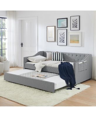  Upholstered Twin Daybed with Trundle, Side Storage and Tufted Backrest