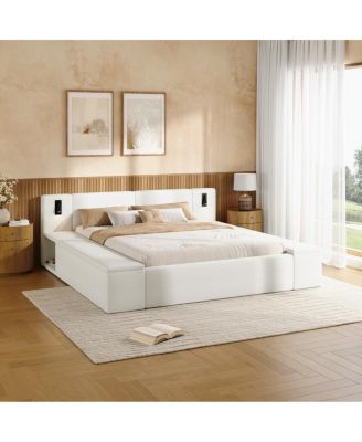 Queen Teddy Fleece Platform Bed with Hidden Storage, Nightstands and LED Lights