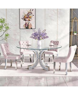 Crushed Diamond Mirrored Round Dining Table with C-Shape Base