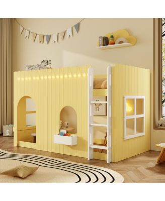  Twin Size Kids Loft Bed with Warm LED Light String, Primrose