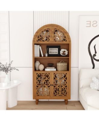 66 Inch Vintage Arched Hand-Carved Wood Open and Closed Storage Cabinet