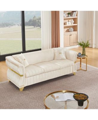83.5" Modern Velvet 3-Seater Sofa with Gold Trim and 2 Pillows