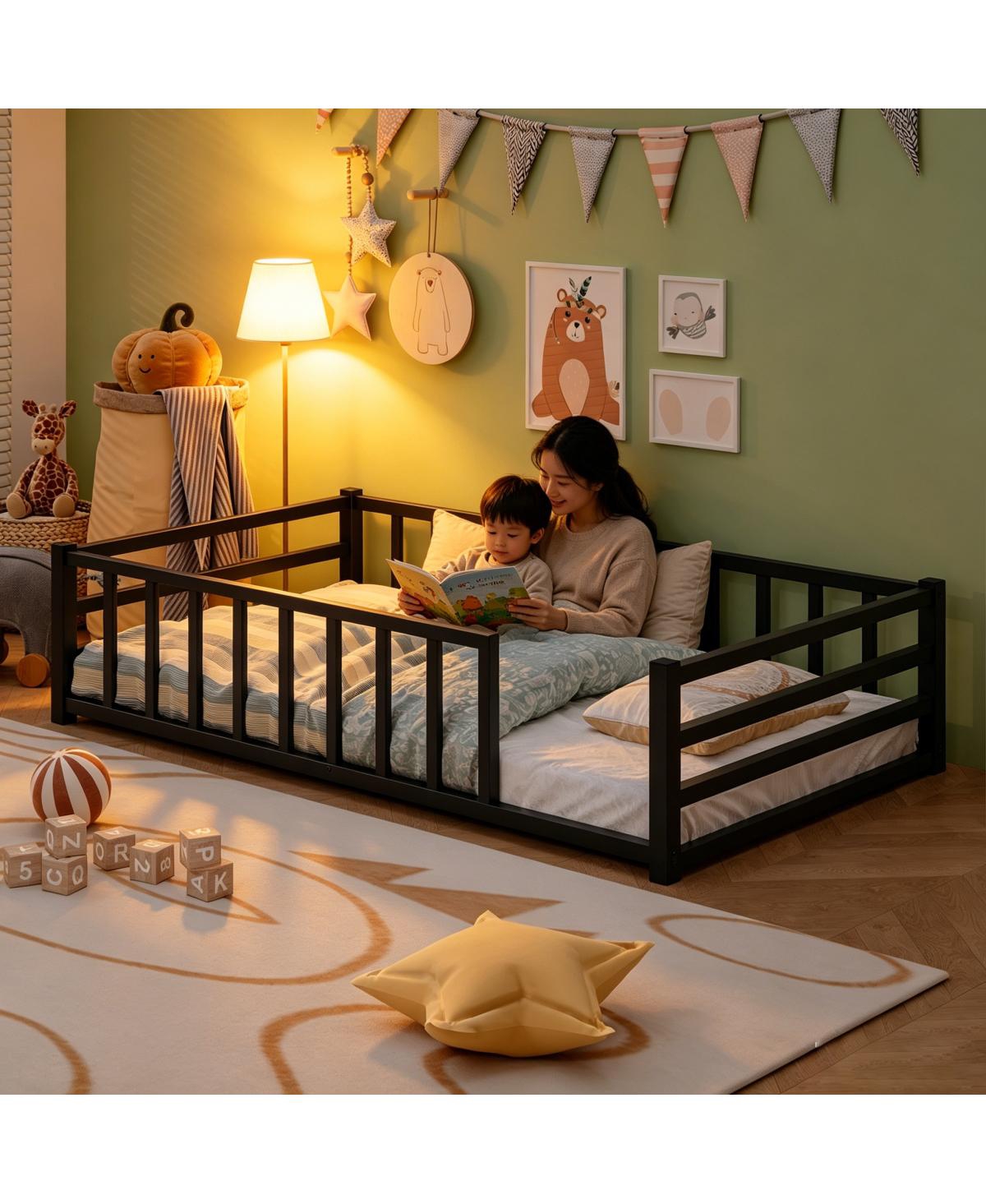 Streamdale Furniture Twin Size Metal Floor Bed with Guardrails