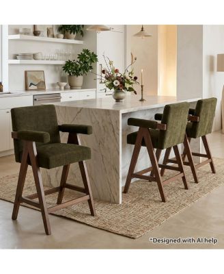 Set of 2 Upholstered Counter Height Bar Stools with Arms, Polyester Blend, Solid Wood Frame, Full Back