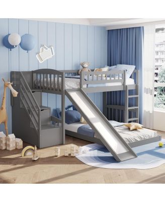 Twin over Twin Bunk Bed with Slide and Two Drawers