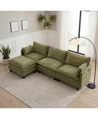 Modern Chenille 3-Seat Sofa with Ottoman, USB Ports and Side Pockets