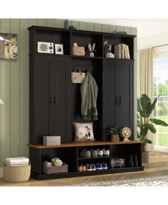 62.2''W Farmhouse Hall Tree with Bench, Storage Cubbies, Hooks and Cabinets