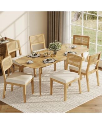 Rattan Dining Chairs Set of 6, French Country Upholstered Dining Chairs Wood Frame, Rattan Backrest
