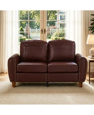 59" Classic Faux Leather Loveseat with Rolled Arms and Solid Wood Legs