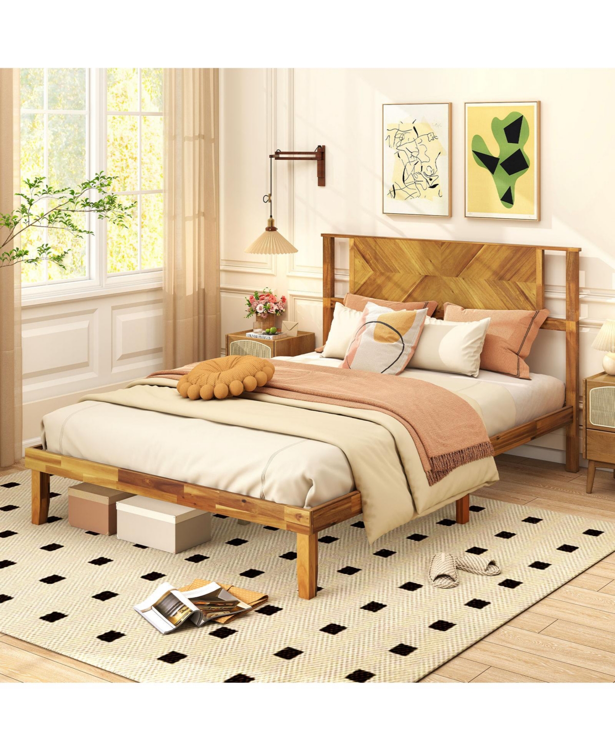 Sugift Full Size Bed Frame Mid-Century Acacia Wood Platform Bed with Headboard