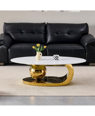  51.2" Oval Faux Marble Coffee Table with Gold Stainless Steel Base