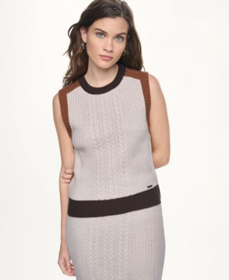 Women's Color Block Cable-Knit Crewneck Sweater