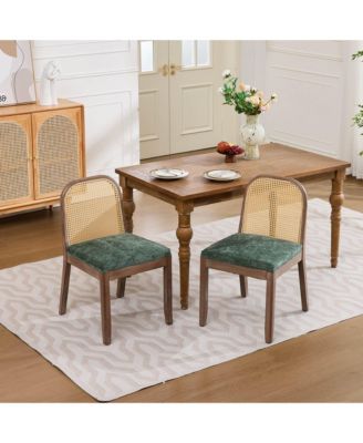 Set Of 2 Cane Back Dining Chairs, Curved Arched Rattan Back, Chenille Cushion, Armless Mid Century Farmhouse Side Chairs