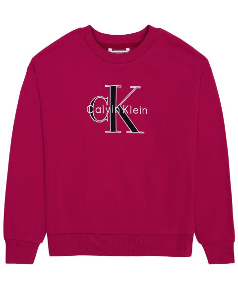Толстовка Calvin Klein Monologo Drop-Shoulder Fleece Crewneck для девочек, цвет: Сангрия